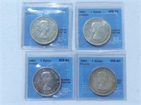 FOUR GRADED 1960-1963 CANADIAN ONE DOLLAR COINS