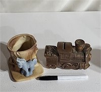 Planter and brass train bank