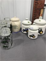 JD cookie jar, glass jars w/lids,