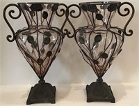 2 PINK GLASS VASES IN METAL BASES