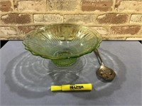 LARGE GREEN GLASS BOWL & GOLD TONE SERVING SPOON
