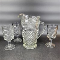 Anchor Hocking Wexford Pitcher & 3 Footed Glasses