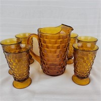 Indiana Glass Whitehall Amber Pitcher & 6 Footed