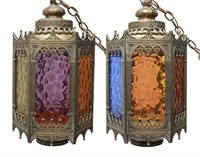 Gothic-Manner Hanging Lanterns, Metal, Pair