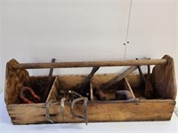 32" Long Wood Tool Box With Steel Hooks & Misc.