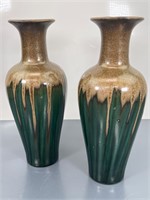 2 ceramic Green Glaze Drip Vase - 13" Tall
