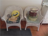 2 Wicker Chairs with Cushions, Hat Boxes, Etc.
