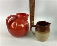 Rainbow red tilted pitcher, brown crock pitcher