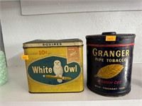 Vintage white owl and Granger tins