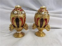 PAIR PETITE ENAMELED EGGS ON STANDS 2.5"T