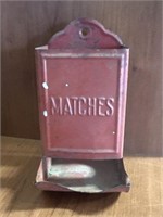 Vintage red metal hanging match box 6"h