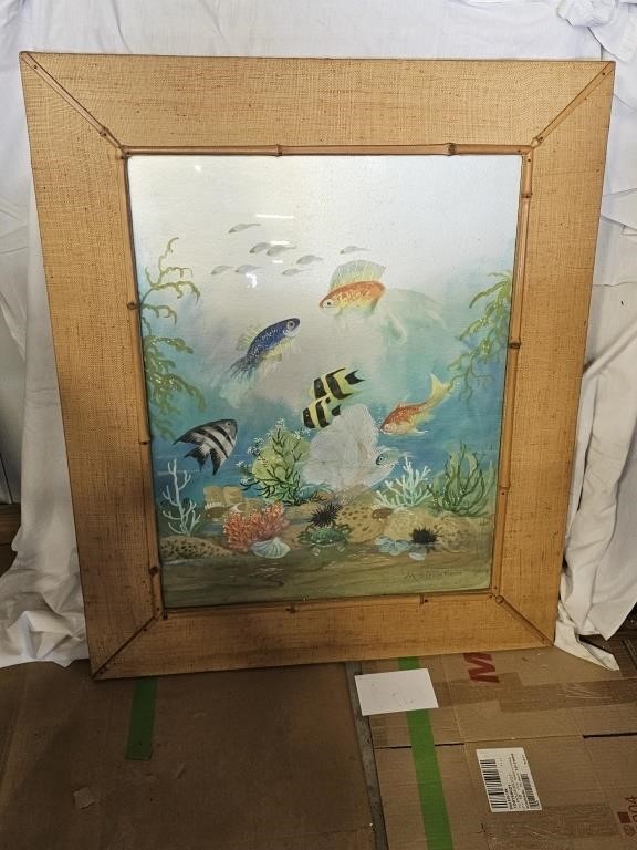 Vintage M. Strombom Framed Fish Painting 31"x38"