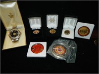 FIREFIGHTER WRISTWATCH, PINS, TOKENS