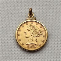 1886-S $5 Gold Liberty Coin + 10K Bezel