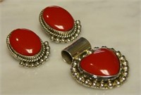 Coral and Sterling Silver Slider and Earrings.