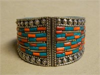 Turquoise and Coral Inlaid Cuff Bracelet.