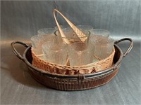 Ribbed Glass Serving Set in Wicker Basket Holder