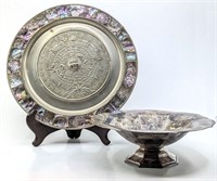Abalone Mayan Calendar Plate and Pedestal Bowl