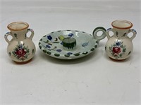 Pottery candleholder Mexico, and 2 mini vases