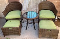502 - PAIR OF PATIO CHAIRS W/ FOOTSTOOLS & TABLE