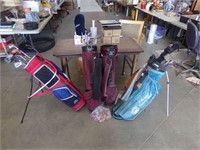 3 set of golf clubs, 4 bags and tees