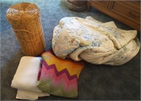 Blankets, comforter,  laundry basket