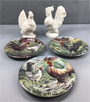 3 rooster plates and hen and rooster crackle