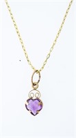 14kt Gold Necklace -Heart Cut Amethyst Pendant & C