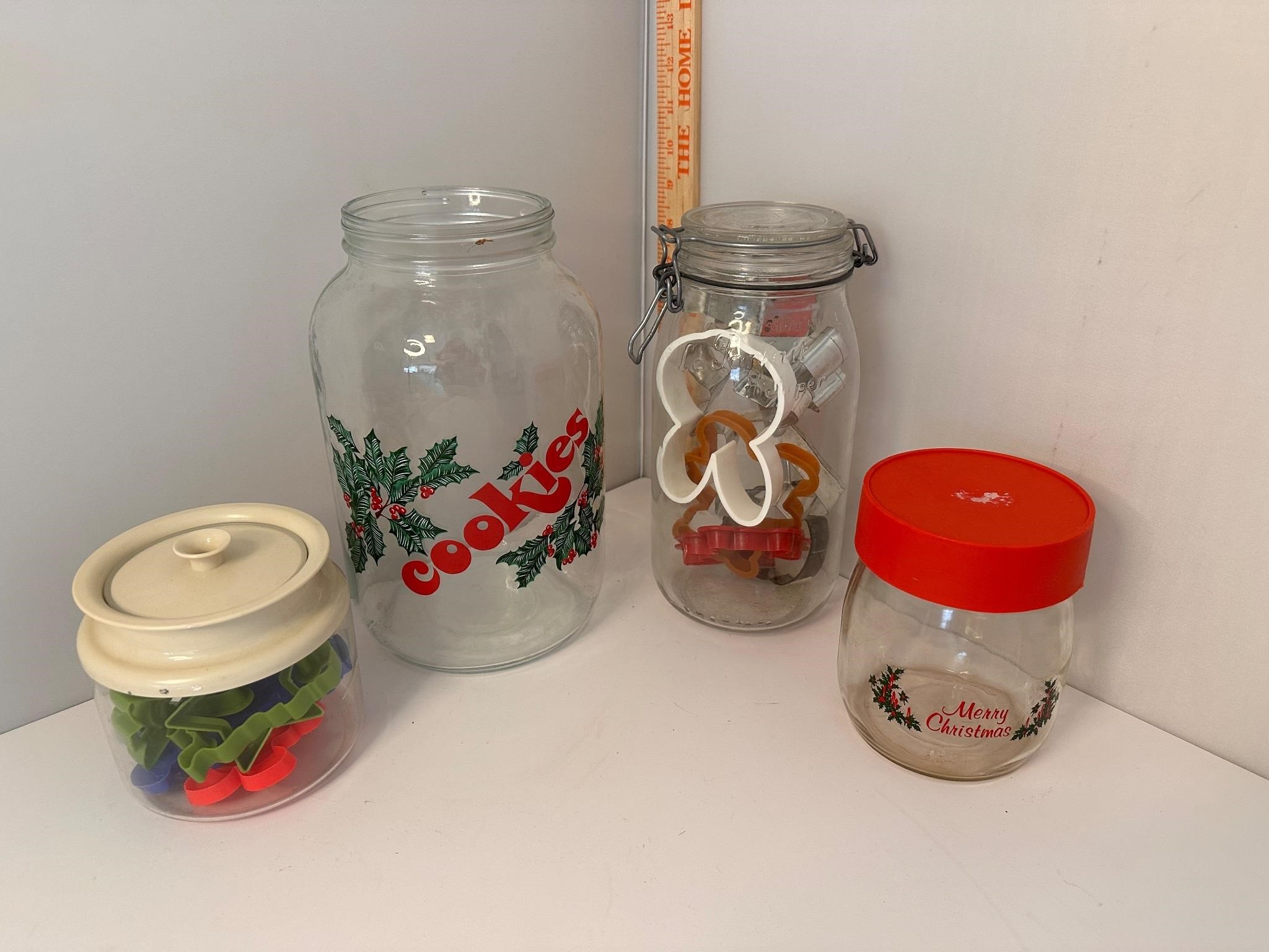 Various jars, and cookie cutters