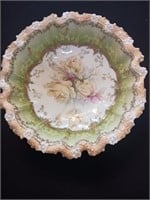 Antique Ornate Green Floral Bowl with Ruffled