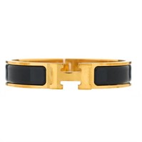 HERMES Enamel H Gold Black Bangle Bracelet