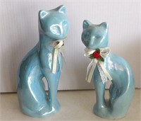 Pair of Iridescent Blue Ceramic Tall Cat Figurines