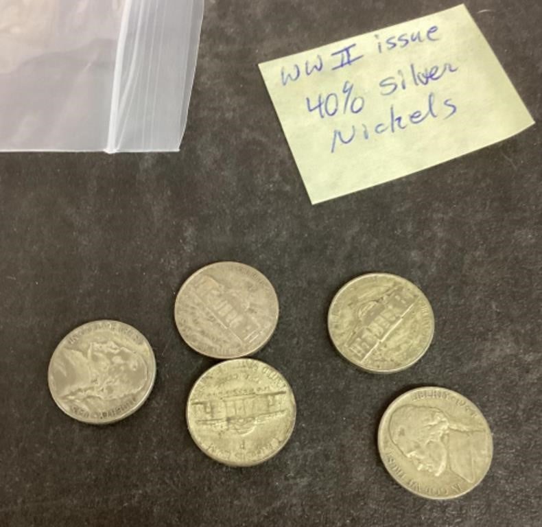 World War II issue nickels --40% silver