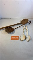 Hand Carved Salad Server & Copper Spoon Lot