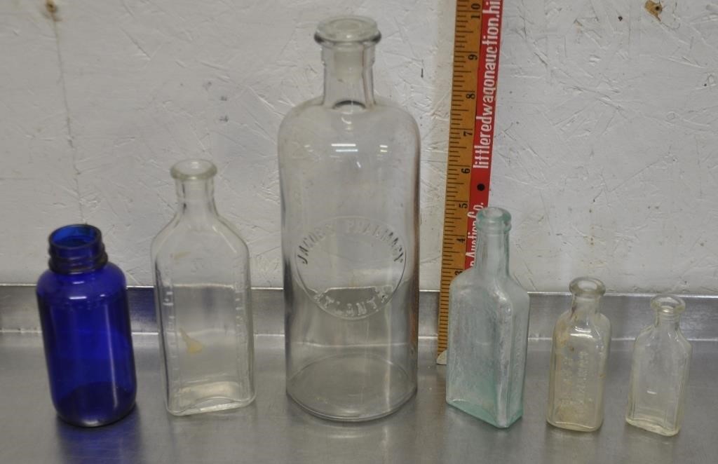 Vintage bottles, 1 manganese glass, see pics