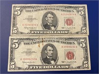 (2) 1963 Series Red Seal Five Dollar Bills