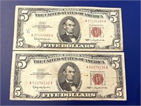 (2) 1963 Series Red Seal Five Dollar Bills