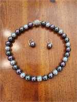 Purple & silver faux pearl necklace & earring set