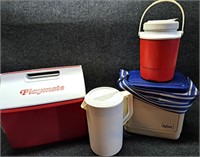 3 CAMPING COOLERS 1 RUBBERMAID WATER PITCHER LOT