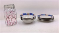 Jar Canister, 4 Matching Bowls and Bread Plates