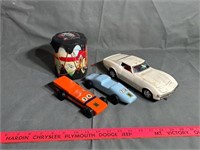 Tim car, two derby cars, toy drum