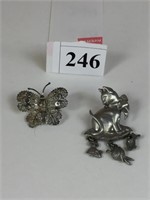 TWO SILVER TONE PINS ONE CAT ONE BUTTERFLY LCD
