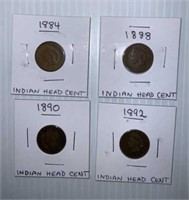 4 Indian Head Pennies: 1884, 1888, 1890, 1892