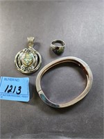 Abalone shell cuff bracelet, pendant and ring;  bu