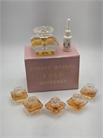 CUT CRYSTAL PERFUME BOTTLE & 5 SMALL BOTTLES