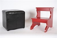 Black Faux Leather Footrest, Red Step Stool