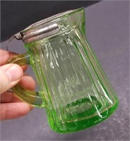 Green Depression Glass Syrup Pitcher w/Tin Lid