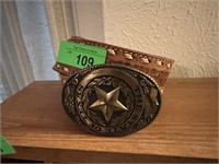 STATE OF TEXAS / STAR BELT BUCKLE W TOOLED BELT