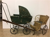 Antique wicker doll carriage and cart