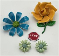 Vtg. Flower Brooch (2) & Earring Set